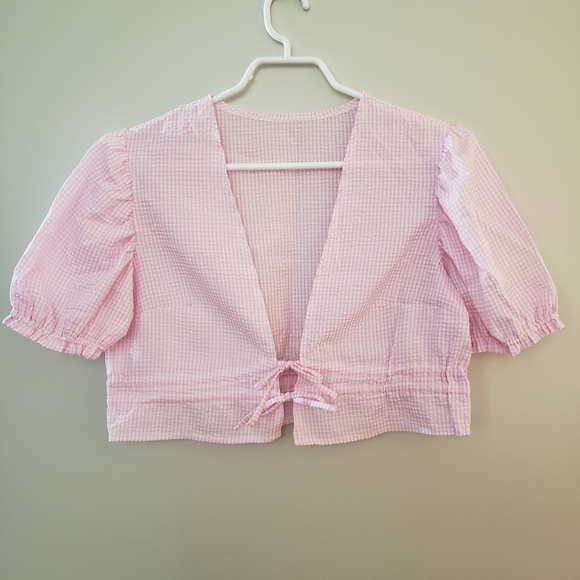 Handmade Size M Pink Gingham Seersucker Puff-Sleeved Tie-Up Top - Picture 1 of 6